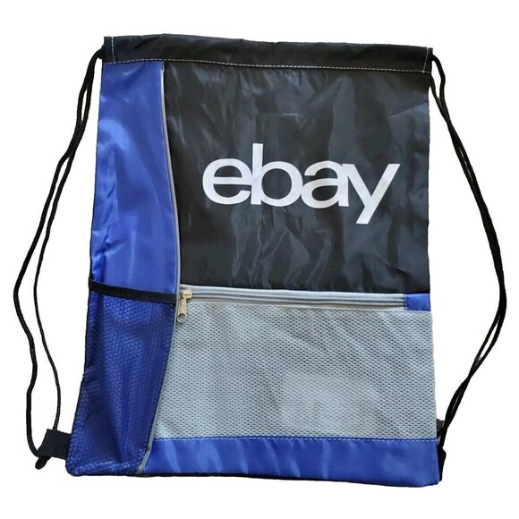 eBay Backpack Black Blue Gray String Bag Pocket Drawstring Cinch Top School Work - Picture 1 of 3